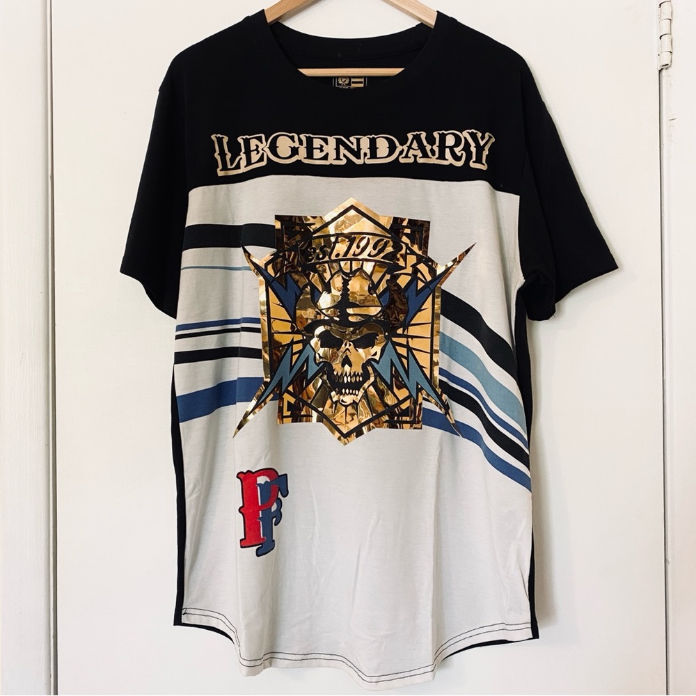 Vintage Y2K Phat Farm Legendary Gold Foil Skull Shirt L EUC